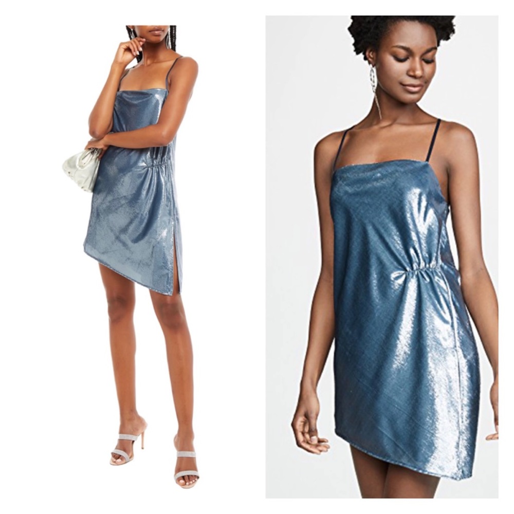 NWT MICHELLE MASON Asymmetric Ruched Metallic Velvet Mini Dress Slate Blue US 4